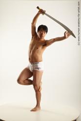 Underwear Fighting with sword Man Asian Average Medium Black Academic